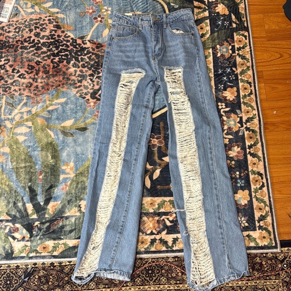 Denim - Ripped Straight Leg High Waisted